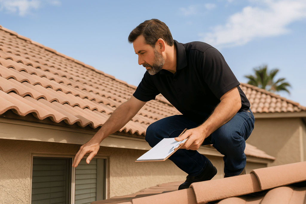 Home inspector examining the roof of a house in Phoenix, AZ, for potential issues.