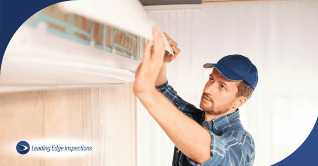 Inspector servicing wall-mounted air conditioning unit.